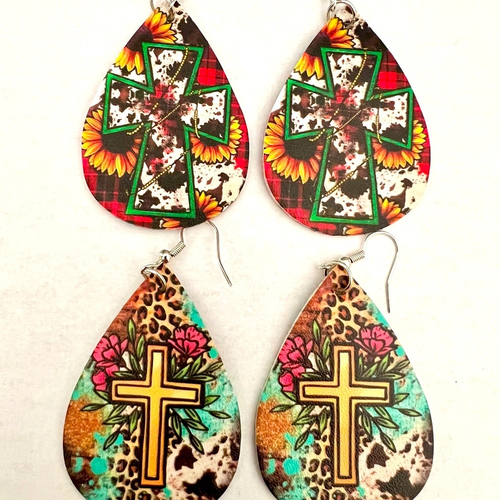 Colorful Teardrop Cross Earrings